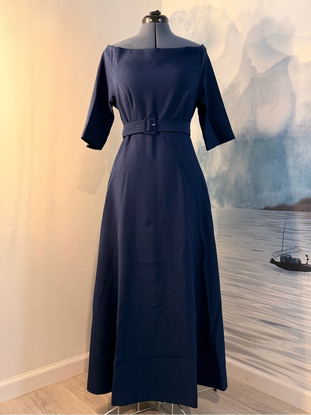 Elegant Navy Belted Maxi Dress 218